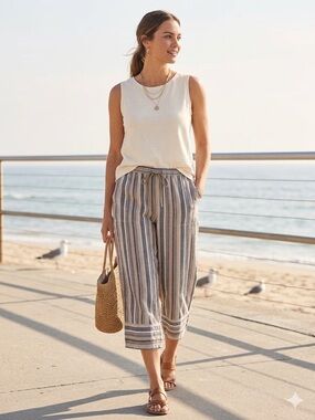 Casa Cabana Linen Blend Striped Cropped Pants | Size XL
